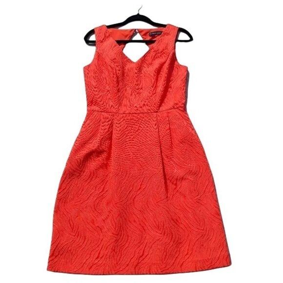 Ellen Tracy Sheath Dress V-neck Keyhole Cutouts Animal Textured Pockets Orange - Picture 2 of 12